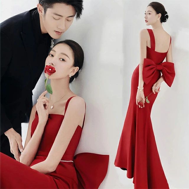 樂天商城 - マーメイドドレス ワイン赤 二次会ドレス サテン ドレス ロング 結婚式ドレス キャミ バックリボン オシャレ ロングドレス ウェディングドレス イブニングドレス 優雅 エレガント
