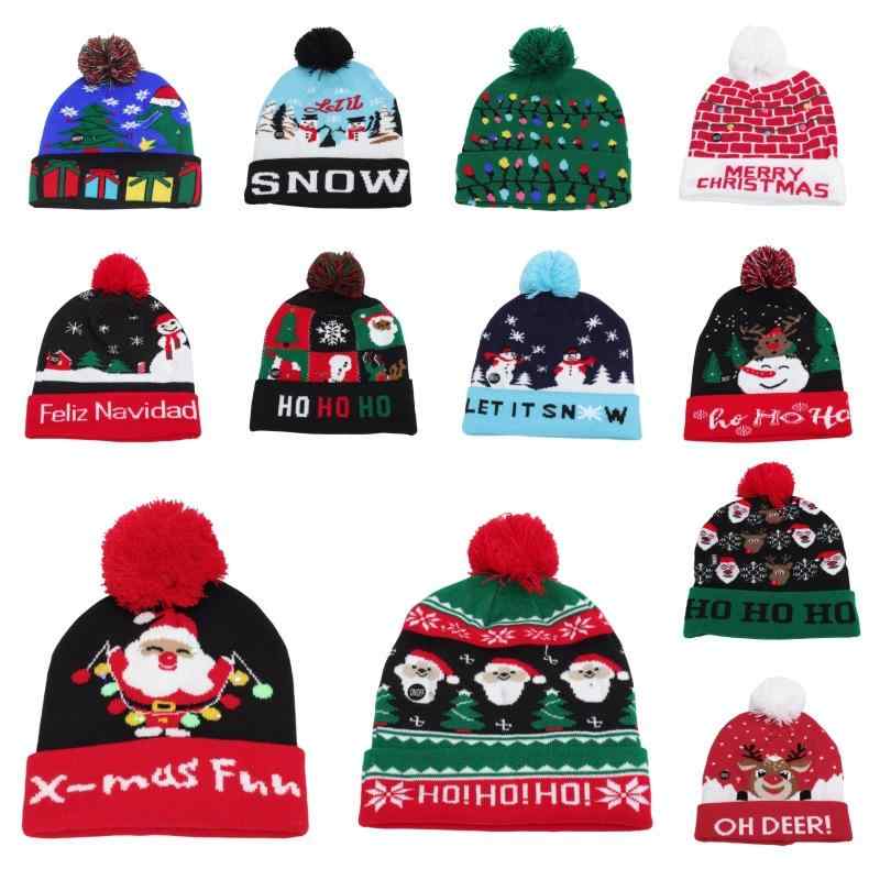 アク カラフル 折り返し ポンポン付き サンタ トナカイ かわいい 保温 防寒 LED発光ライト 冬用 パーティー イベント クリスマス