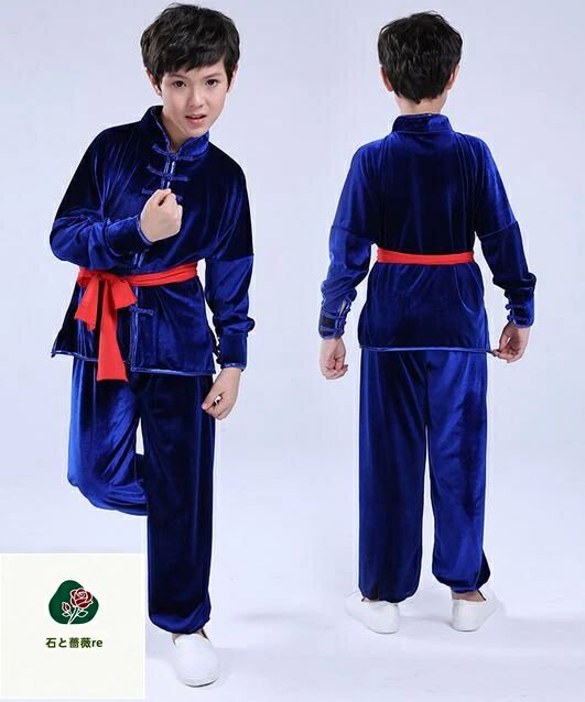 キッズ武術服上下2点セット 秋冬 キ 舞台衣装/団体服/朝練/試合選択太極拳/武術 4...