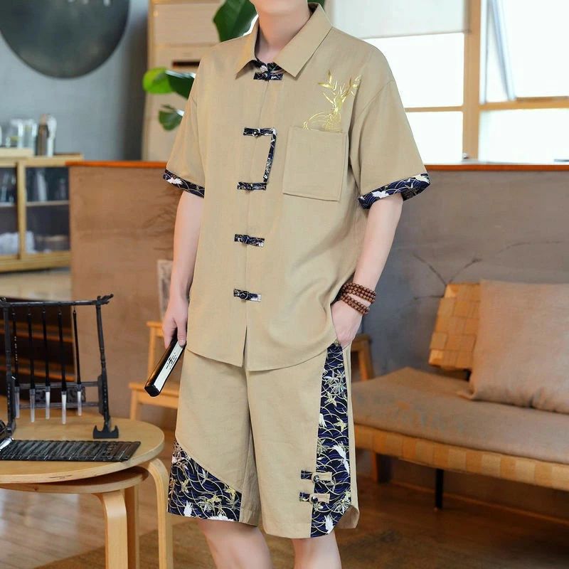 2026新型夏の男性の半袖のスーツカーディガンTシャツ5分のズボンの薄い金のスーツゆったりとした通気性のカジュアルな半ズボンス