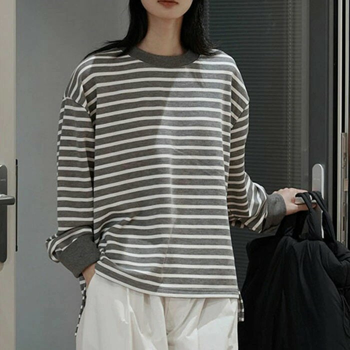 Other - トップス カットソー クルーネック 春 Tシャツ 秋 ロンT ボーダー レディース 長袖tシャツ 丸首 ロングスリ 長袖 オーバーサイズ