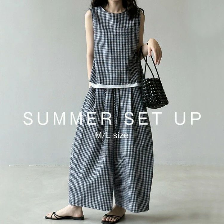 Pants Suit - レディース チェック柄 タンクトップ ワイドパンツ 二点セット 上下セットアップ ギンガムチェック ノースリーブ レイヤード風