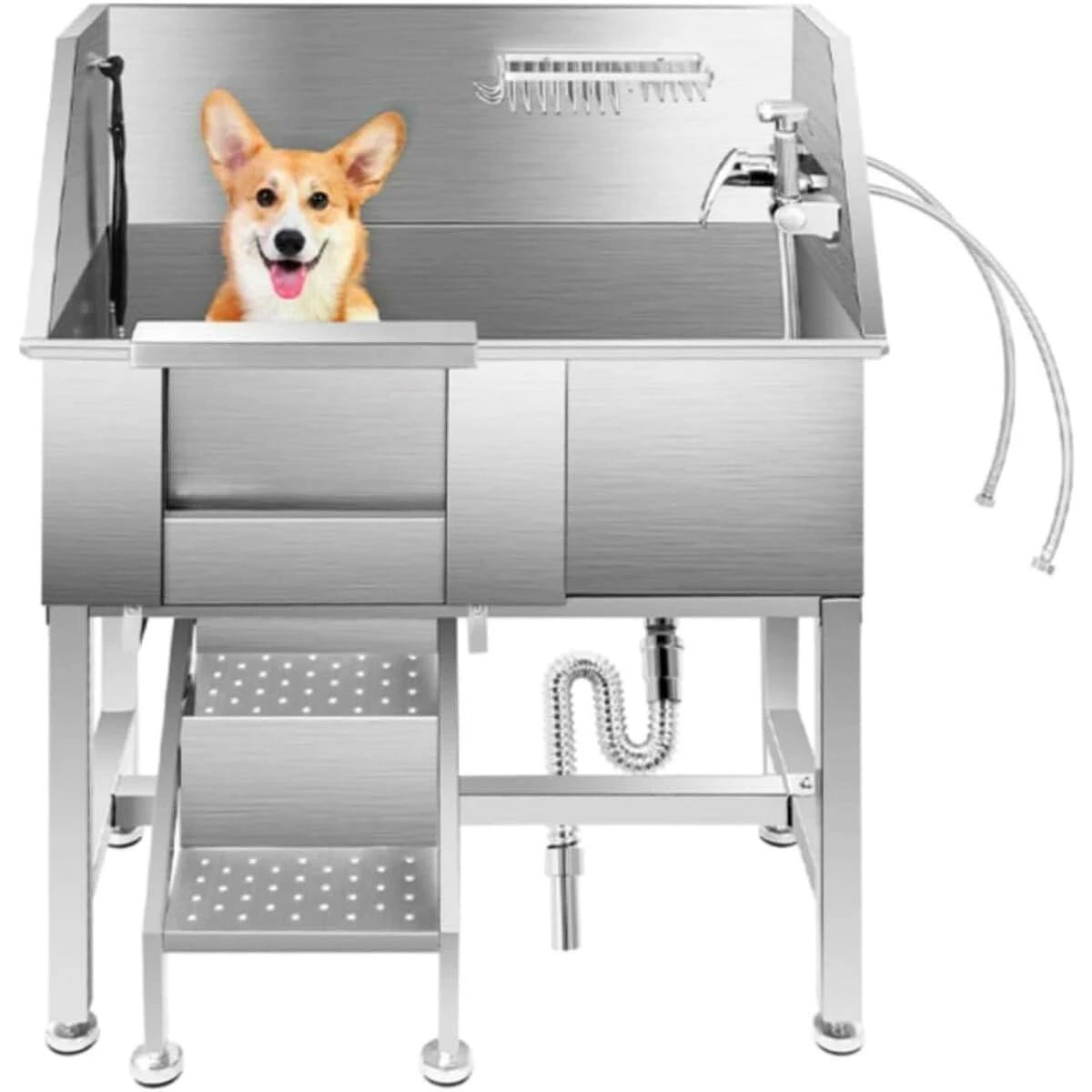 ペット用 バスタブ ステンレス 34インチ 扉付き ペットバス 階段付き ドッグバス 中型犬 小型犬 グルーミング 浴槽 シャワー 蛇口付き 散水ノズル 排水フィルター付き トリミング 設備 ペットスパ