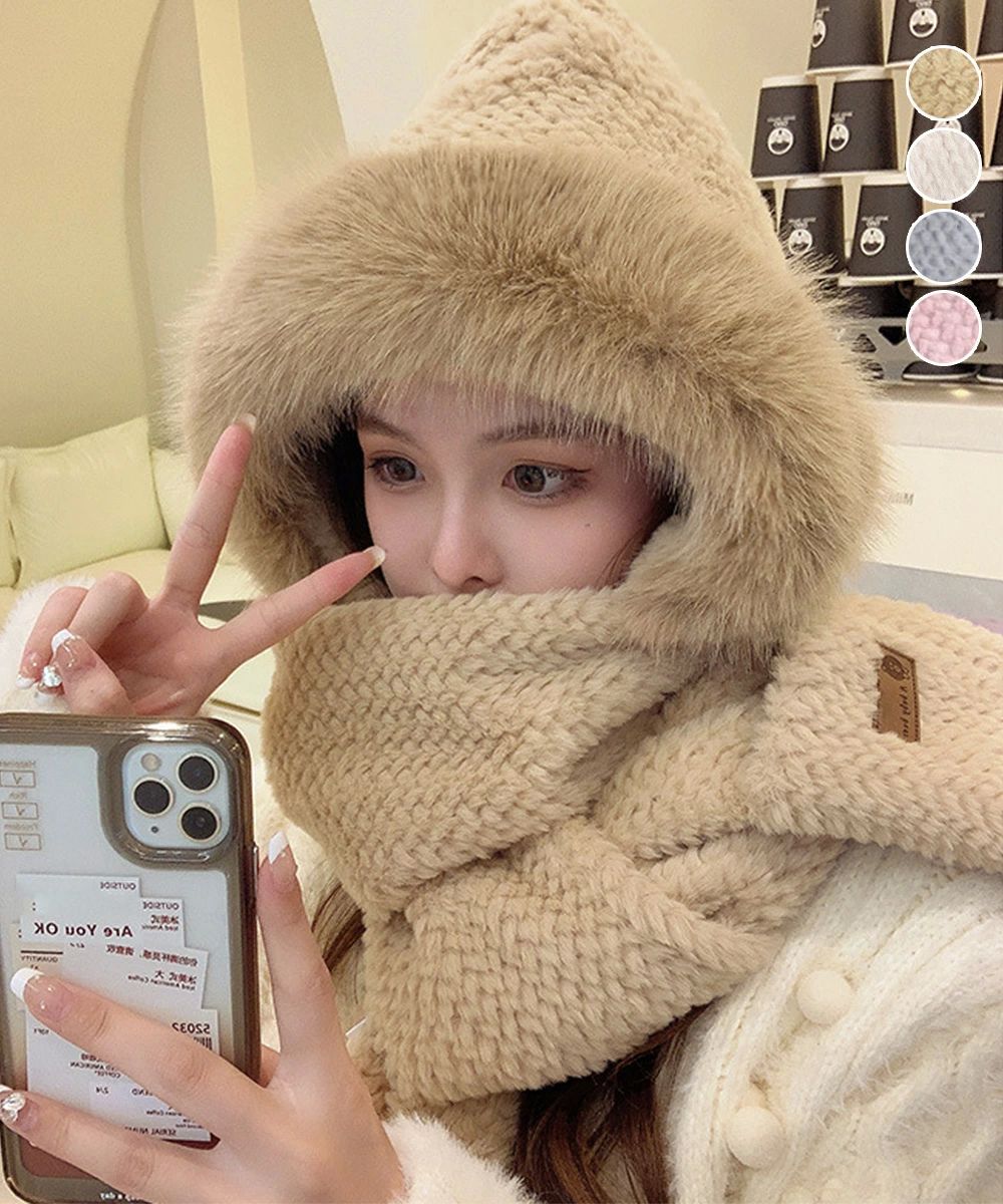 ニット帽子 マフラー手袋 一体型ファー帽子 モコモコ帽子韓国風 防風防寒 保温手袋 暖かいマフラー厚手