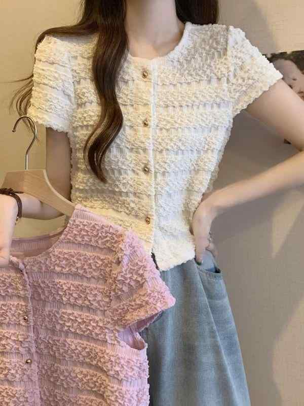 接触冷感 軽量 春夏 女性用 半袖 丸首 フレッシュ 短丈 カジュ トップス 甘め かわいい 日常使い スリム 修身 再生繊維 切り替え
