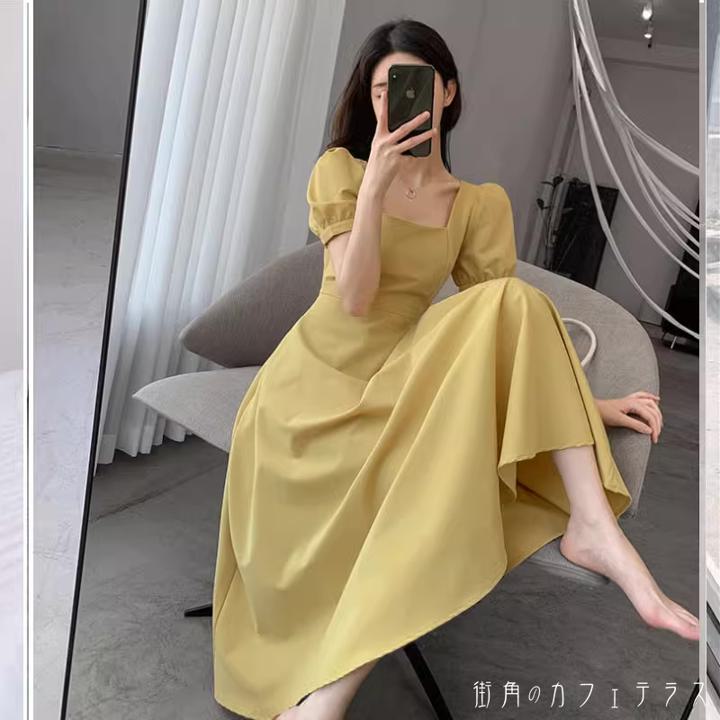 レディース ドレス パーティードレス ワンピース ふんわり袖 バルーンスリーブ ロング丈 スクエアネック イエロー レッド ブラック 黄色 赤 黒 結婚式 2次会 お呼ばれ パーティー お食事会 ディナー ランチ お出かけ 春夏
