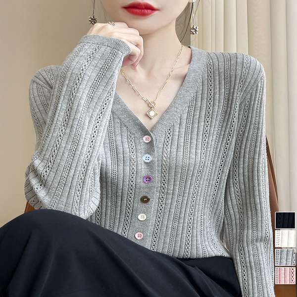 樂天商城 - レディース カラーボタンパンチングニットカーデ 紫外線対策冷 大人可愛いサマーニット羽織りきれいめ春夏服薄手 無地 送料無料