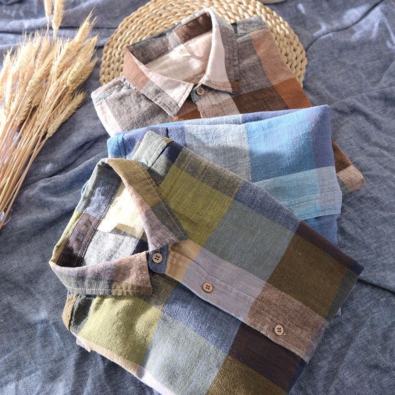 大きいサイズ カジュアルシャツ 部屋着 リネン ワイシャツ メンズ クールビズ 在宅勤務 チェック ビジネス 綿麻 ストレッチ 長袖