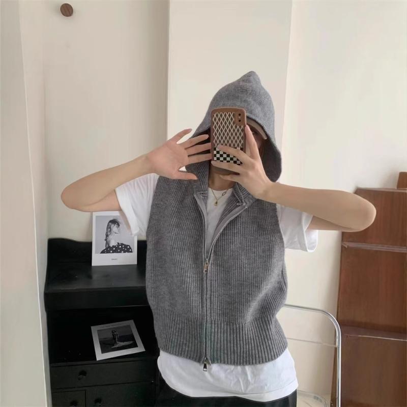 乐天商城 - シンプル ゆったり 軽量 ジップアップ カーディガン コットン混 ニット 女性用 キャンディカラー 無袖 毛衣 普 外套 ベスト 短丈