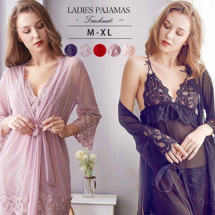 Negligees - 3点セット ナイトウエア ネグリジェ 半袖ガウン パジャマ 春夏ルームワンピース 女性 大人可愛い ベビー シースルー Tバッグ