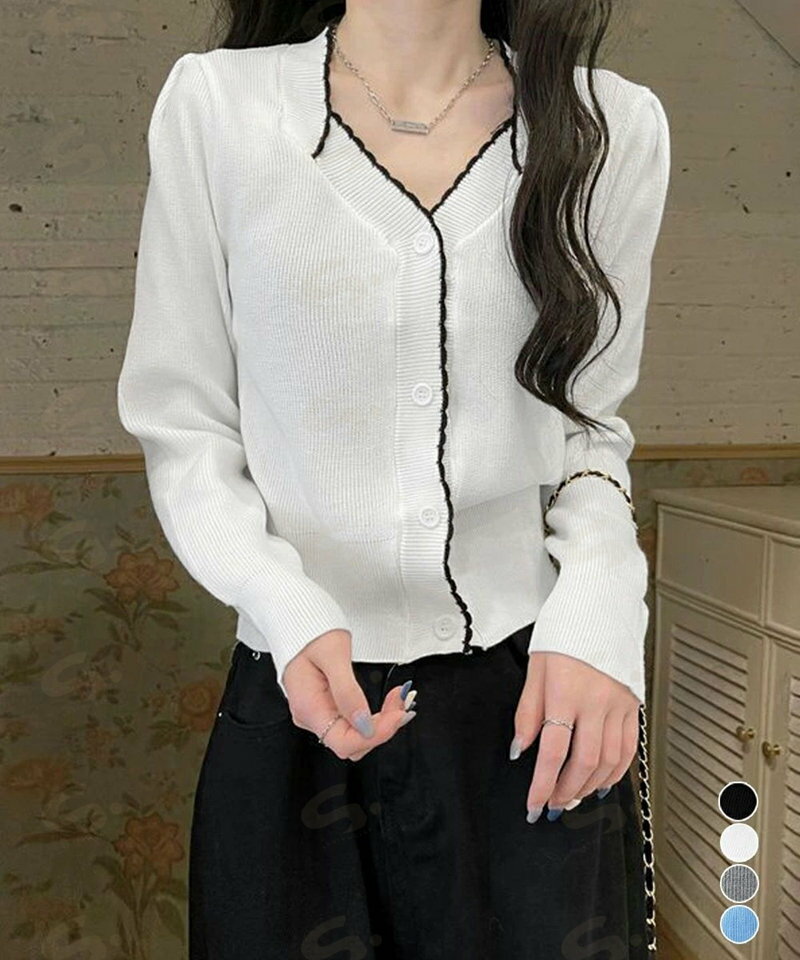 樂天商城 - カーディガン きれいめ リブニット 配色 Vネック長袖 通勤 ニットウ ニットトップス カジュアル 前開き 大人 レディース 着回し