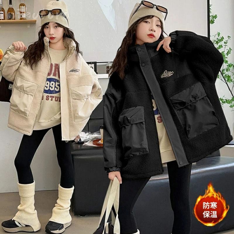 Rakuten - ボアコート ムートンジャケット キッズ 子供服 女の子 アウター 中綿コート ジャケット 綿入れ 厚手 ダウン風コート キッズコート ゆったり カジュアル お出かけ 可愛い 厚手 防寒着 ガールズ 女児 ジュニア服 通学 通園 普段着 暖かい 防寒保温 おしやれ 秋冬