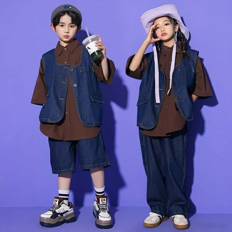 キッズ デニムセットアップ 男の子 茶色 トップス 衣装 デニムセット ゆったり デニム 女の子 ダンス パンツ 半袖 カジュアル