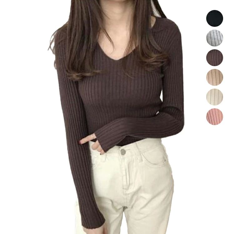 インナー スーツインナー ふんわリブ タイト トップス プルオーバー Tシャツ カットソー フェミニン スリム 長袖 ニットセーター レディース ソフトニット Vネック セーター Vネック リブニット おしゃれ 大きいサイズ 細身(4.0)
