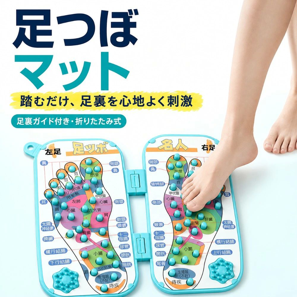 商品情報商品名折りたたみ式 足つぼマットカラーターコイズブルーサイズ約31.7×28.5cm素　材PP（ポリプロピレン）構造左右2面・折りたたみ式突起形状丸型多点突起おすすめ用途足裏刺激、リフレッシュ、セルフケア商品情報商品名折りたたみ式 足つぼマットカラーターコイズブルーサイズ約31.7×28.5cm素　材PP（ポリプロピレン）構造左右2面・折りたたみ式突起形状丸型多点突起おすすめ用途足裏刺激、リフレッシュ、セルフケア