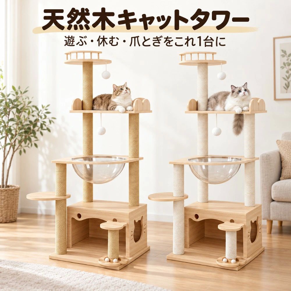 商品情報商品名天然木多機能キャットタワーカラージュート麻縄タイプ／ホワイト麻縄タイプ本体カラーナチュラル本体サイズ約 幅50×奥行50×高さ133cm土台サイズ約50×50cmクリアボウル直径約35cmクリアボウル部分の台約45×35cm上段ステージ約50×30cm最上段ステージ約35cmサイドステップ約30cm猫ハウス約 幅50×奥行30×高さ30cm主な素材天然木、麻縄、透明ボウル主な機能爪とぎ、上下運動、休憩、隠れ家、見晴らし、遊び付属機能吊り下げボール2個、木製ボール玩具組立お客様組立品サイズについて採寸方法により約1〜5cmの誤差が生じる場合があります。商品情報商品名天然木多機能キャットタワーカラージュート麻縄タイプ／ホワイト麻縄タイプ本体カラーナチュラル本体サイズ約 幅50×奥行50×高さ133cm土台サイズ約50×50cmクリアボウル直径約35cmクリアボウル部分の台約45×35cm上段ステージ約50×30cm最上段ステージ約35cmサイドステップ約30cm猫ハウス約 幅50×奥行30×高さ30cm主な素材天然木、麻縄、透明ボウル主な機能爪とぎ、上下運動、休憩、隠れ家、見晴らし、遊び付属機能吊り下げボール2個、木製ボール玩具組立お客様組立品サイズについて採寸方法により約1〜5cmの誤差が生じる場合があります。