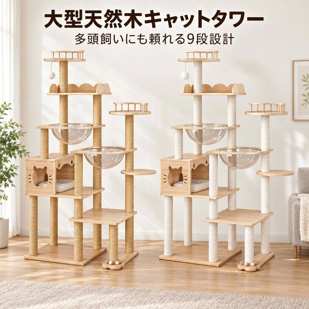商品情報商品名天然木大型キャットタワーカラージュート麻縄タイプ／ホワイト麻縄タイプ本体カラーナチュラル本体サイズ約 幅96×奥行45×高さ186cm左側土台約60×45cmクリアボウル2個・直径約35cmボウル用ステージ約45×35cm上段ステージ約50×30cm高所円形ステージ約35cmサイドステップ約30cm猫ハウス約30×20×45cm ※画像表記基準主な素材天然木、麻縄、透明ボウル主な機能上下運動、爪とぎ、休憩、隠れ家、見晴らし、遊び付属機能吊り下げボール、木製ボール玩具組立お客様組立品サイズについて採寸方法により約1〜5cmの誤差が生じる場合がありますカラーについてモニターや照明環境により、実物と色味が異なって見える場合があります。商品情報商品名天然木大型キャットタワーカラージュート麻縄タイプ／ホワイト麻縄タイプ本体カラーナチュラル本体サイズ約 幅96×奥行45×高さ186cm左側土台約60×45cmクリアボウル2個・直径約35cmボウル用ステージ約45×35cm上段ステージ約50×30cm高所円形ステージ約35cmサイドステップ約30cm猫ハウス約30×20×45cm ※画像表記基準主な素材天然木、麻縄、透明ボウル主な機能上下運動、爪とぎ、休憩、隠れ家、見晴らし、遊び付属機能吊り下げボール、木製ボール玩具組立お客様組立品サイズについて採寸方法により約1〜5cmの誤差が生じる場合がありますカラーについてモニターや照明環境により、実物と色味が異なって見える場合があります。