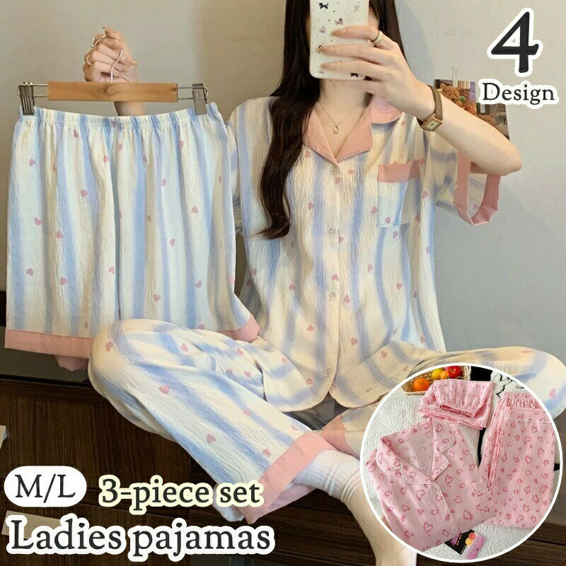 樂天商城 - 前開きシャツ 長袖 上下 ハーフパンツ 3点セット 半袖 ロングパンツ ルームウェア レディース 長ズボン 送料無料 パジャマ 女性