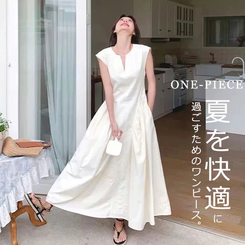 Aラインワンピース ロングワンピース レディース 夏 白ワンピース ノースリーブ タ...