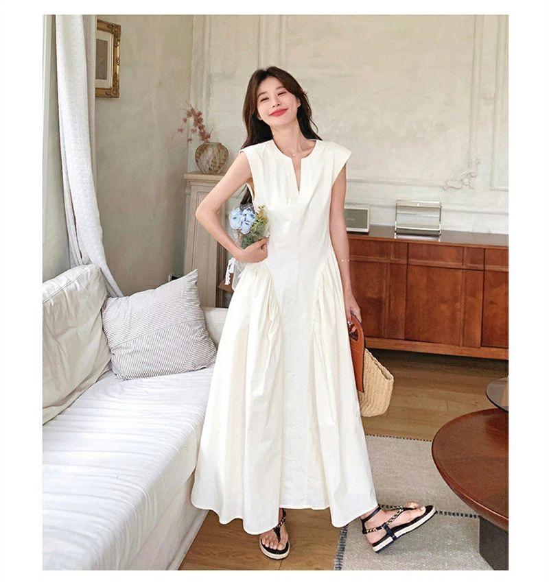 Aラインワンピース ロングワンピース レディース 夏 白ワンピース ノースリーブ タ...