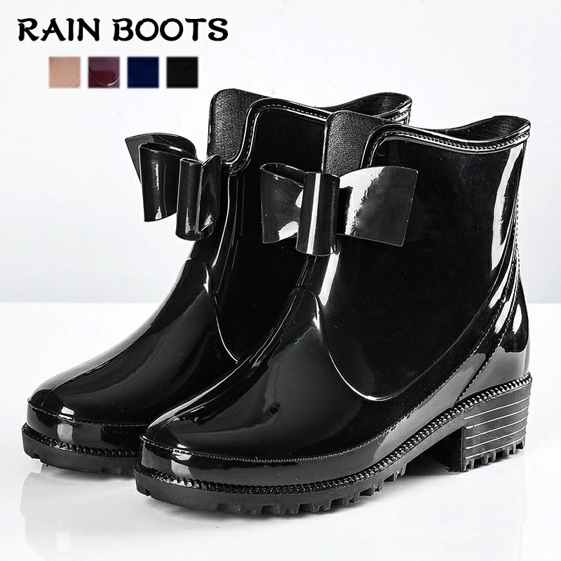 樂天商城 - 通勤 リボン付き サイドゴア レインブーツ レインシューズ レインシューズ レインブーツ ショー ショート レディース レディース