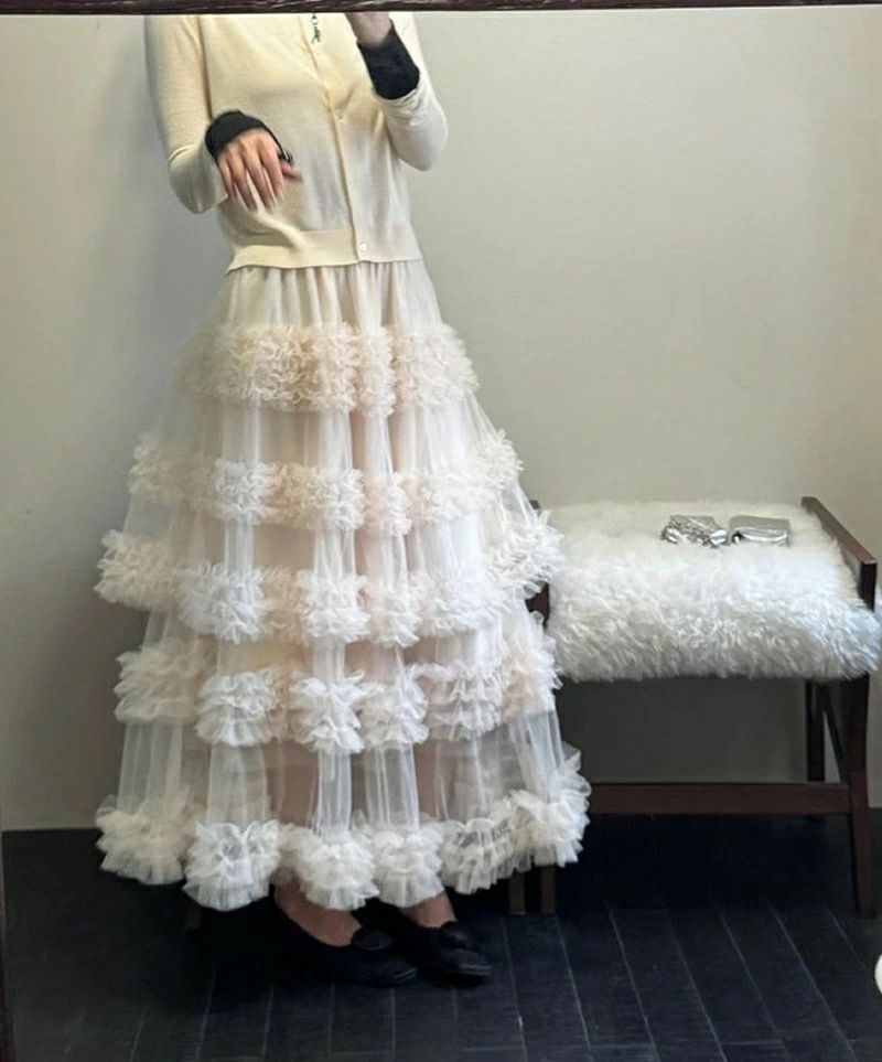 チュールスカート ロング フリル ティアード レディース ボリューム ティアードスカート ロングスカート マキシ丈 透け感 シアー Aライン フレア ウエストゴム 大人可愛い きれいめ カジュアル モード 春 夏 秋 冬 韓国ファッション 20代 30代 40代【送料無料】