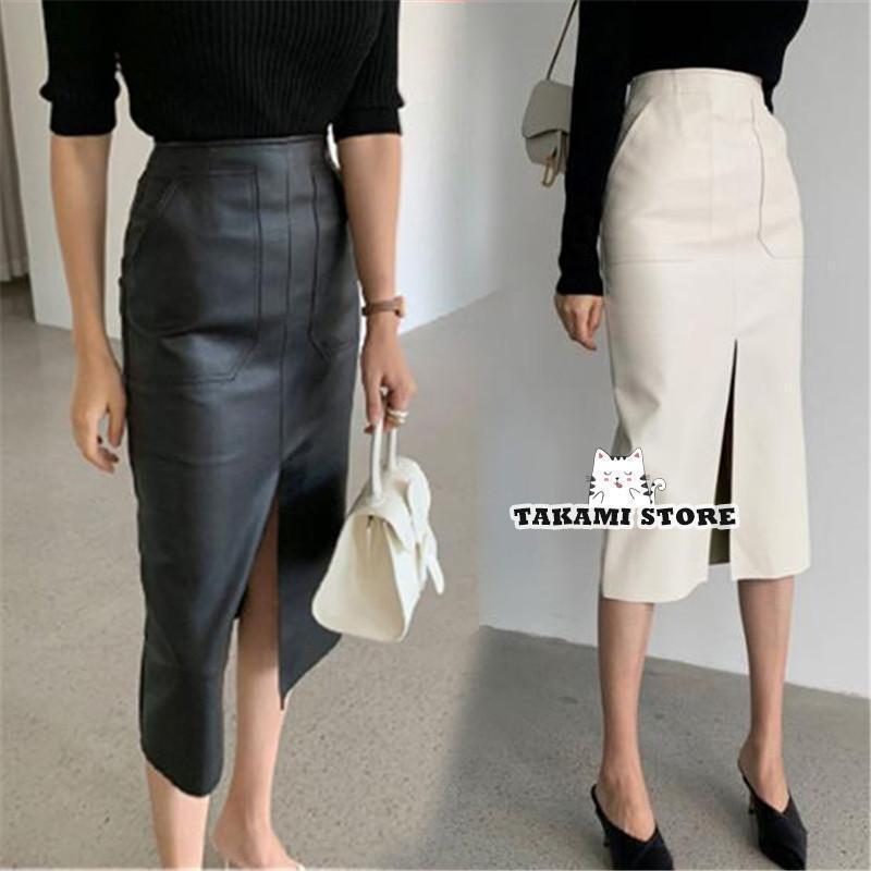 フェイクレザー おしゃれ ハイウエスト Aライン ミモレ丈 スリット PU 冬 秋 タイト ロングスカート レディース レザースカート