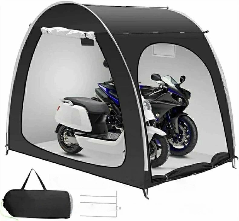 「大型で自転車＆サイクル兼用」：本体サイズが210（長）x150（幅）x165（高）cm程大きいサイズ。自転車だけを保管すると可収納台数が最大3-4台となります。オートバイクだけを保管する場合、最大2台まで収納できます。また、適用シーンが幅広く庭園工具物置としては使用可能です。一つ持つと雨風や日差しや劣化などから自転車やモーターサイクルを守られます。 「二つの出入り口付き」：特別な設計でサイクルハウスの正面と側面には出入り口が備わっています。サイクルを運び上げず側面の出入り口からサイクルを押し入れられます。自転車の出し入れのしやすさを重視する方に最適。また、テントの外にいても中にいてもファスナーを引くと、出入り口を簡単に開け閉めますよ。 「高品質素材＆防水性」：撥水加工が施されたPU4000 オックスフォード素材を採用して商品の防水性が非常に良い。テント内側にポケットと小さい窓口がついており、小物の収納や観察や通気もしやすい。なお、L型ネジを4本付属し、それらを柔らかい地面に挿し込んだら、サイクルハウスをしっかと固定できます。強風や台風のとき飛ばされる可能性を減少することにも役に立ちます。 「軽量で持ち運びも設置も簡単」：約3.2kgと軽量かつ収納袋つきで持ち運ぶことが容易。骨組みは高強度グラスファイバー棒を採用し、組み立てと分解が簡単なのもうれしいところです。これがあれば、自宅やアウトドアキャンプなどのサイクル保管には人気あります。