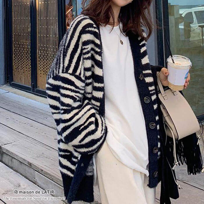 ニット オーバーサイズ ビッグサイズ アニマル柄が可愛いカーデ カジュアル ゼブラ柄カーディガン ゆったりめ
