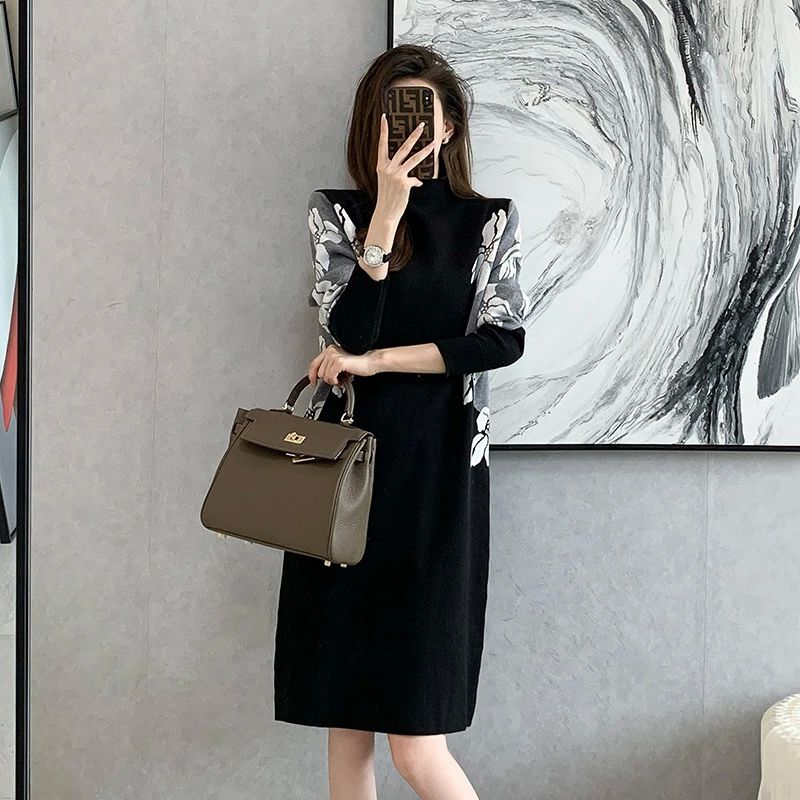 40代 30代 お出かけ ワンピース ニットワンピース ワンピース 50代長袖 上品 きれいめ 大人 秋冬 体 レディース 厚手 膝丈 花柄