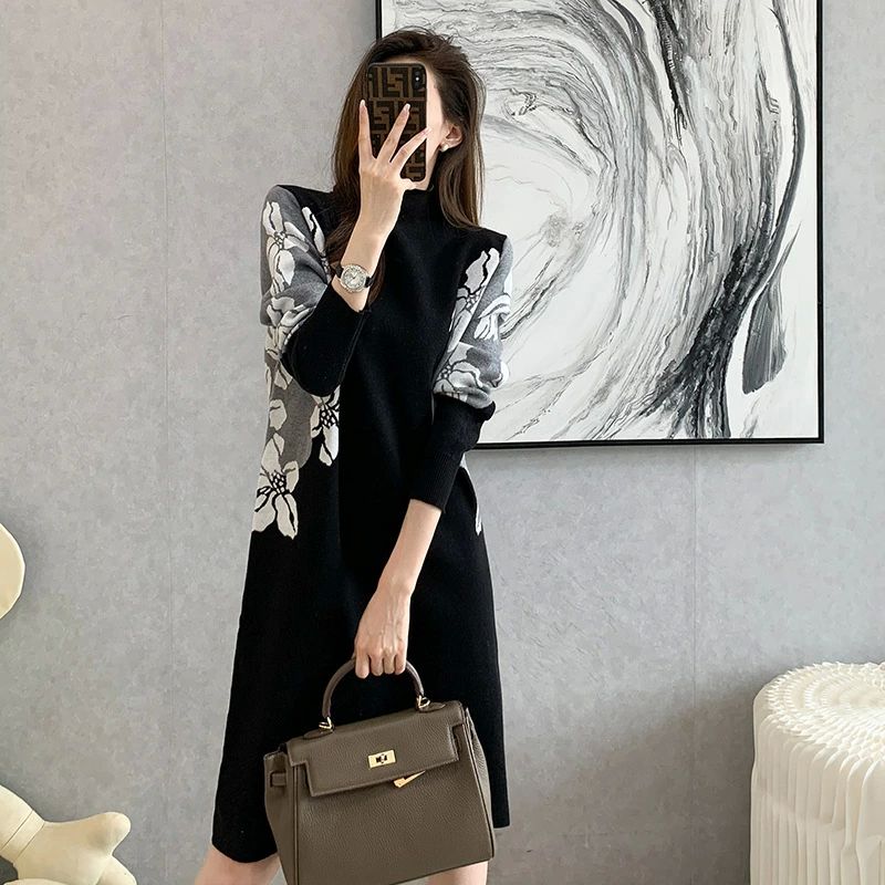 40代 30代 お出かけ ワンピース ニットワンピース ワンピース 50代長袖 上品 きれいめ 大人 秋冬 体 レディース 厚手 膝丈 花柄