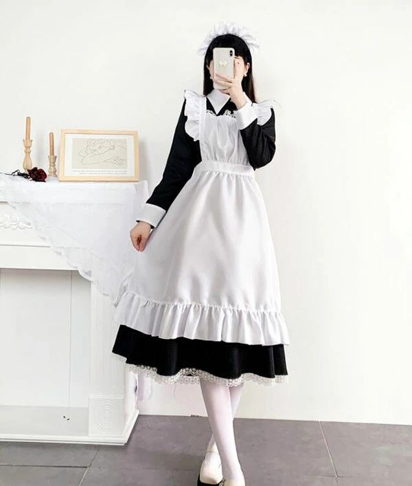 天神橋セレクトのメイド服 上質 ロング 半袖 長袖 ゴスロリ ワンピース ハロウィン 仮装 レディース 可愛い カチューシャ付き ロリータ コスプレ 半袖 蝶結ぶ パーティー イベント カフェ 学園祭 文化祭｜アングル2