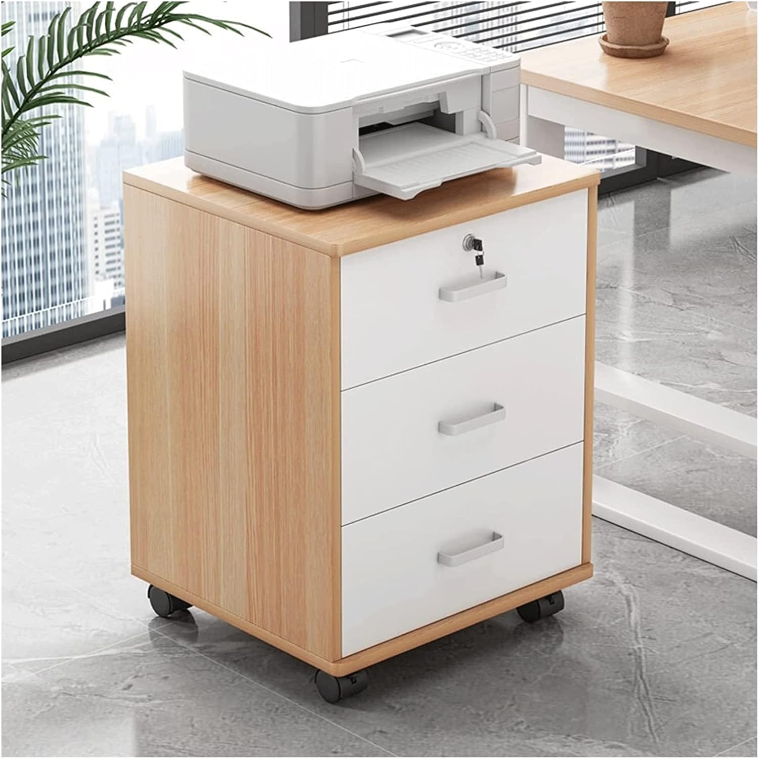 多目的プリンタースタンド、3つの引き出し付きホームオフィス木製ファイルキャビネット、ホイールロック可能なキャスター付きプリンターストレージ