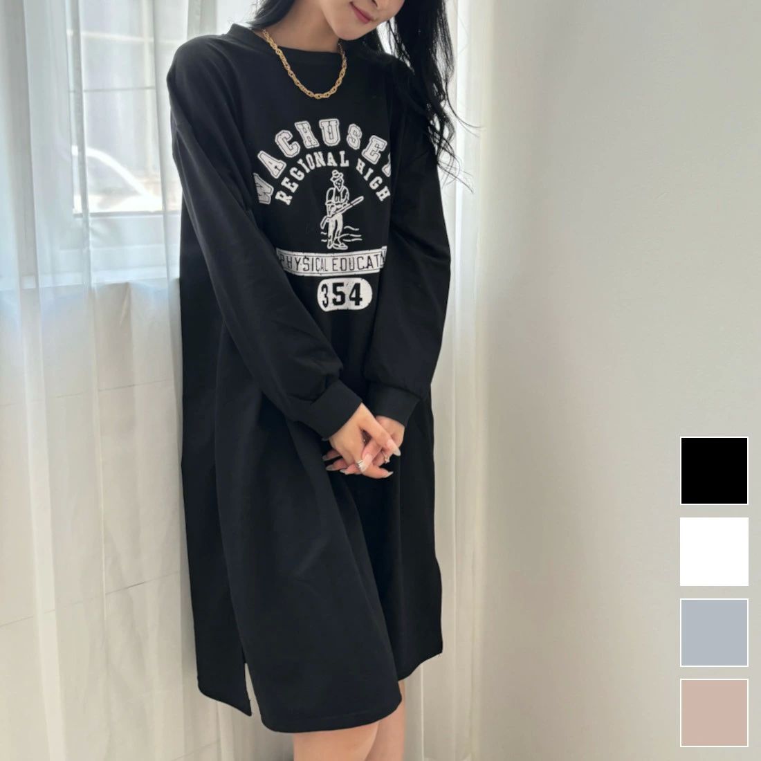 トレーナーワンピース カジュアルスタイル 大人カジュアルビッグロゴスウェットワンピース ドレス デイリー レイヤードスタイル