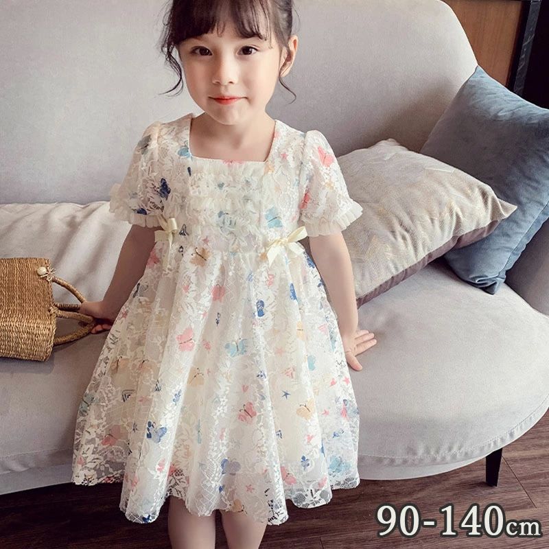 Dresses - チュールレ 女の子 レースワンピース 100 赤ちゃん 110 花柄 140cm 90 半袖 ワンピース キッズ 130 子供服 120 蝶 ドレス 結婚式