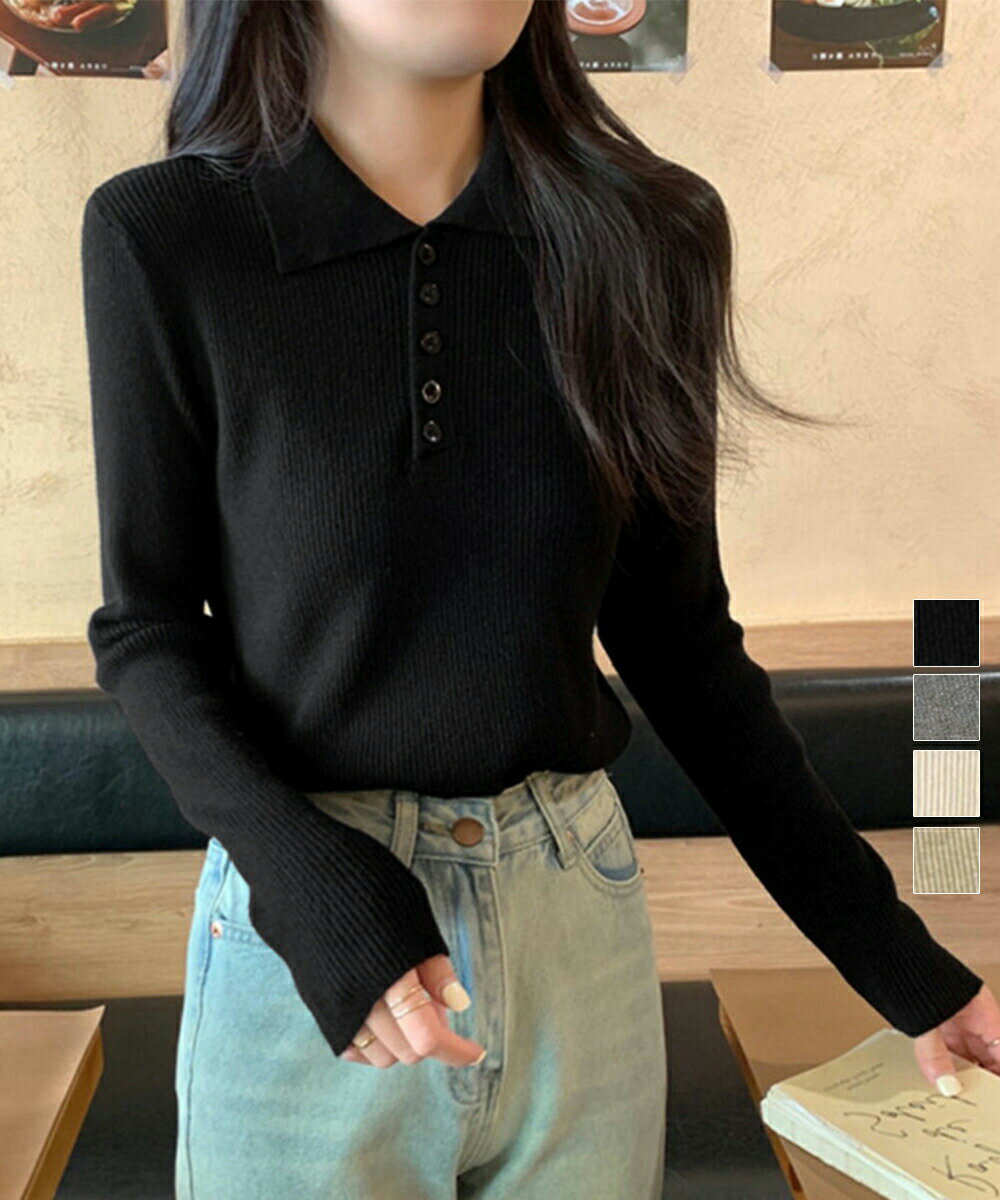 Three-Quarter Knit - 細見え きれいめ トップス 無地 春 大人カジュアル 襟付きニット 秋 ニットイ ニットセーター ベーシック ポロニット レディース