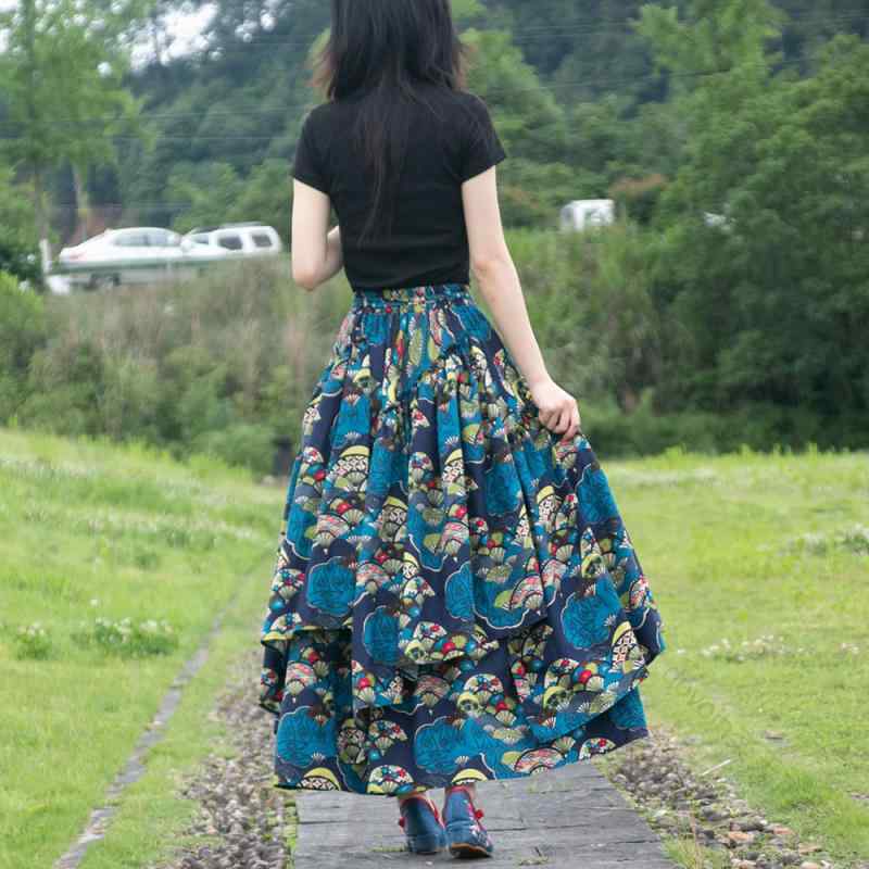 アシンメトリー ウエストゴム 普段使い エスニック フレア ロング丈 綿麻 スカート 春夏 民族調 レディース プリント柄