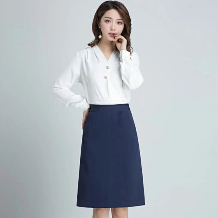 天神橋セレクトの事務服 スカート 事務 制服 Aラインスカート ビジネス 50cm丈 送料無料 フレアー ハイウエスト 大きいサイズ オシャレ ポケット付き 女性 事務 オフィス 制服 OL 仕事 無地｜アングル3