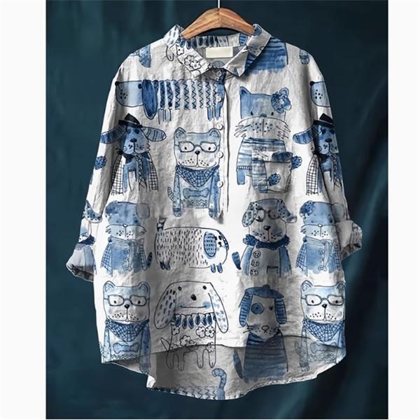 春秋 羽織り漫画柄 シャツ 可愛い犬柄 レディース オーバーサイズ トップス オーバーシルエット チュニック丈 ブラウス 長袖 ラ