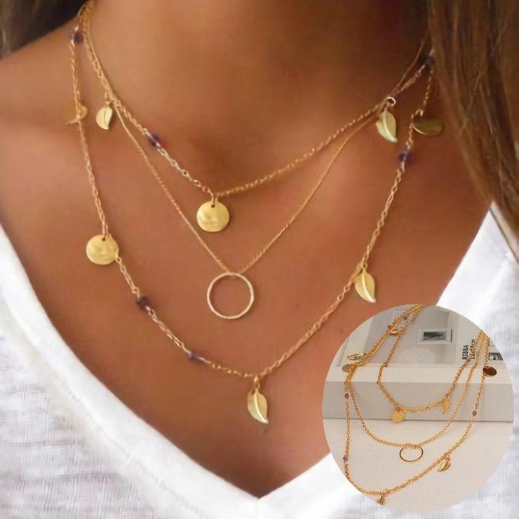 樂天商城 - ネックレス ペンダント アズキチェーン マルチチャーム 3連 レディース アクセサリー 羽 リーフ リング ラウンドプレート シンプル カジュアル か