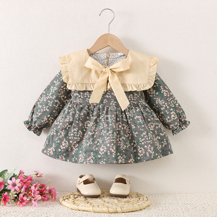 ベビー服 ワンピース 長袖 子供服 女の子 長袖 丸襟 花柄 総柄 リボン キッズ 幼児...