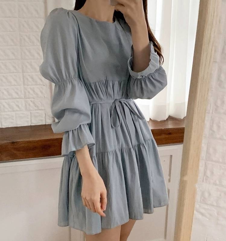 お洒落 ドレス 可愛い ウエスト マーク フレア レディース ボリューム袖 ティアード Aライン 長袖 ギャザー 大人 ミニ