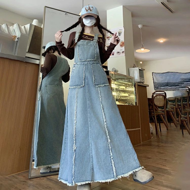 【送料無料】中厚手 調節 肩紐 フリンジ付き ポケット ワイド ゆったり 無地 シンプル オールインワン マキシ丈 ロング丈 カジュ