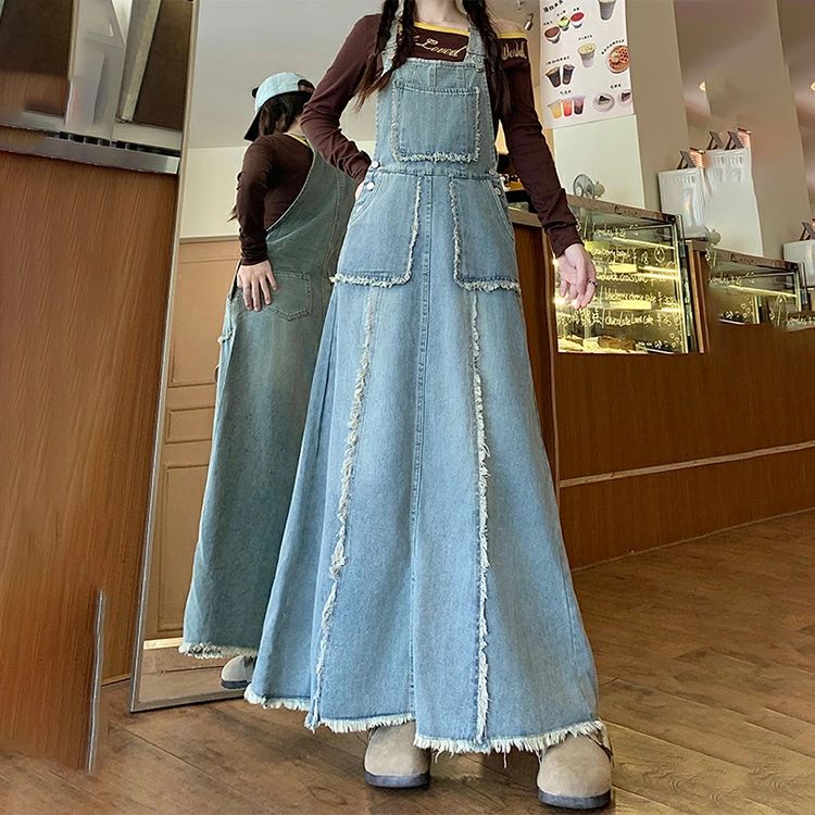 【送料無料】中厚手 調節 肩紐 フリンジ付き ポケット ワイド ゆったり 無地 シンプル オールインワン マキシ丈 ロング丈 カジュ