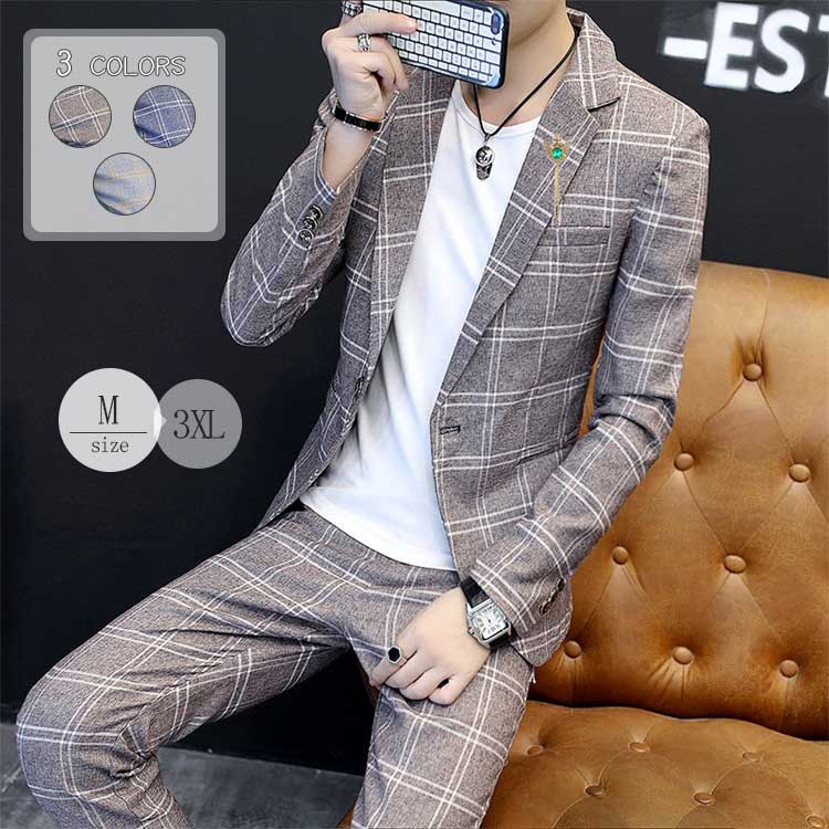 2ピーススーツ メンズ 3点セット スーツ/ズボン/Tシャツ カジュアルスーツ テーラードジャケット チェック柄 ジャケット アウタ