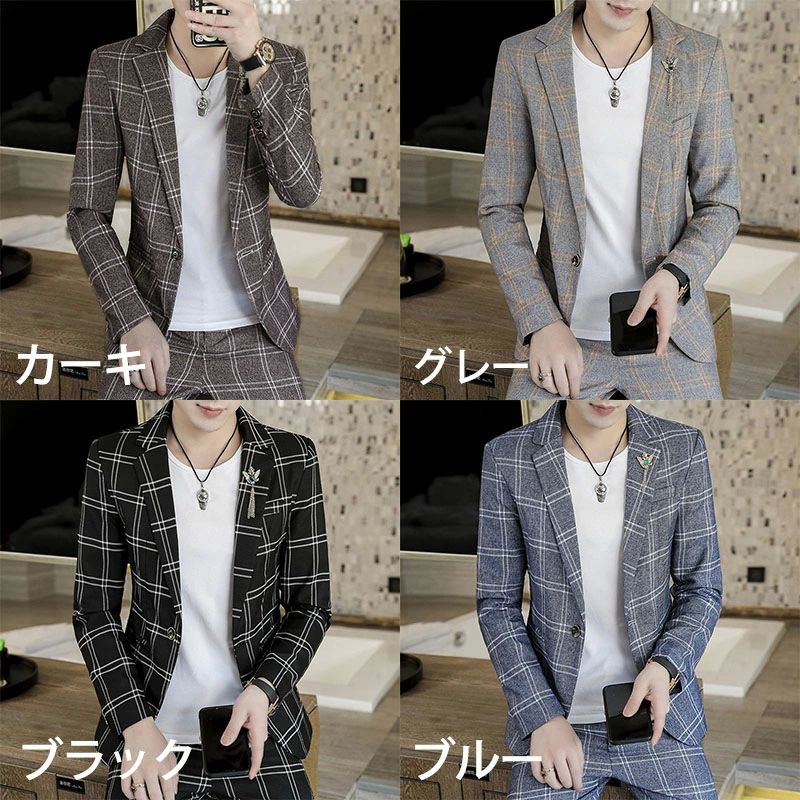 2ピーススーツ メンズ 3点セット スーツ/ズボン/Tシャツ カジュアルスーツ テーラードジャケット チェック柄 ジャケット アウタ