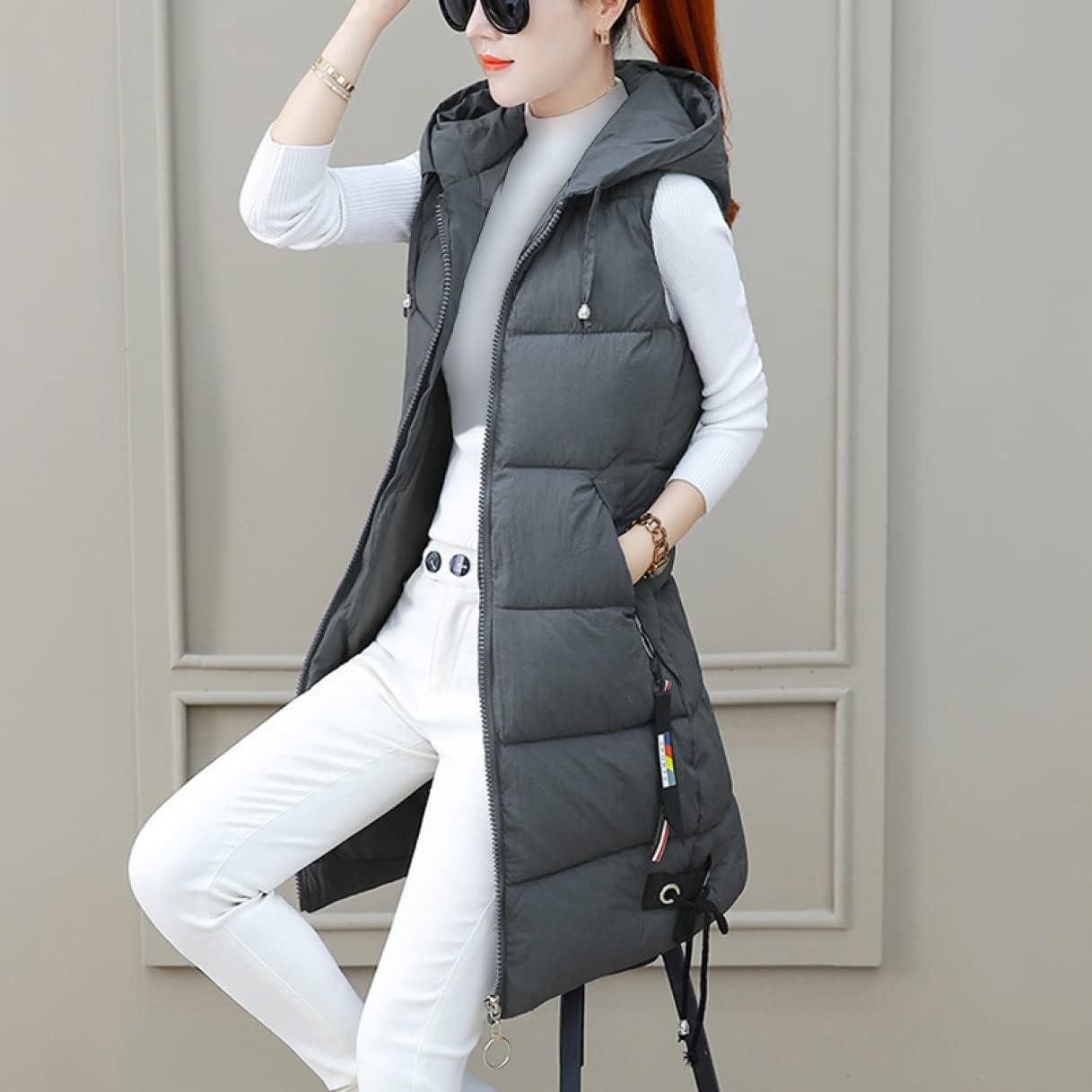 天神橋セレクトの厚手 カジュア 無地 袖なし レディース ファッション フード付き スリム 冬服 ベスト アウター ロングベスト 綿入れ 中綿ベスト｜アングル2