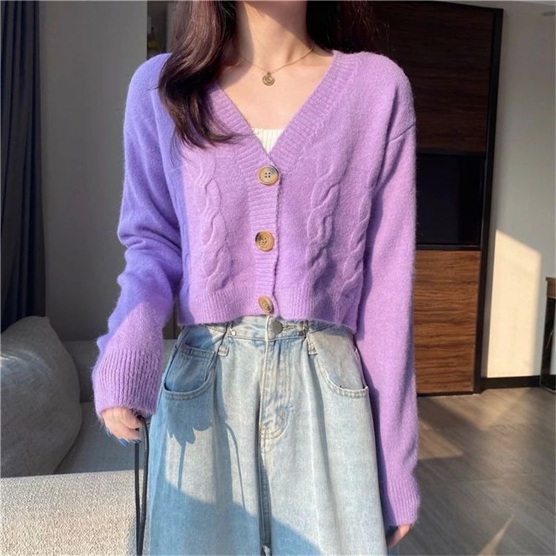 おしゃれ レディース インナーウエア 春秋冬 ショート丈 ニット ざっくりニット 長袖 ケーブル編み Vネ..