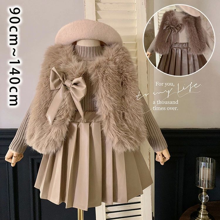 子ども服 ベスト 重 キッズ 茶色 3点セットアップ 130cm おしゃれ スカート 旅行 ブラウン ニット 小学..