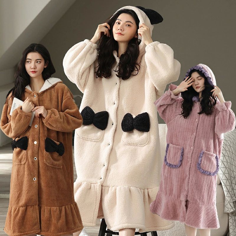 もこもこ 前開きパジャマ ルームウェア 長袖 3色 ナイトロー 秋冬 ゆったりネグリジェ ワンピース レデ..